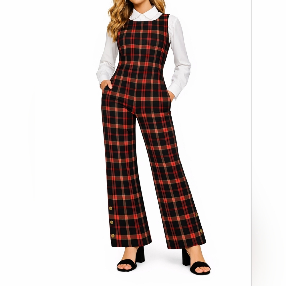 NWOT Pamela Love Plaid Jumpsuit in Black and Red Size 4 Old Money Buisness